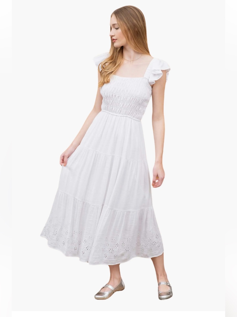Blu Pepper White Eyelet Flutter-Sleeve Midi Dress